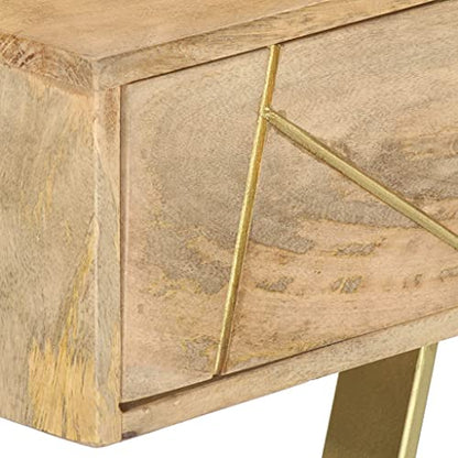 39.4" Industrial Solid Mango Wood Writing Desk with 2 Drawers, Computer Desk for Home Office Small Spaces, Rustic Study Table Natural Brass Steel Frame - color: Solid Mango Wood