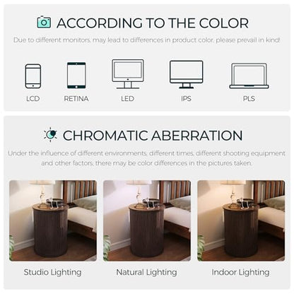LINSY HOME Round Fluted End Table, Tall Side Table with Sliding Tambour Door and Storage Shelf, Modern Bedside Table, Mid-Century Nightstand for Living Room, Bedroom, Dark Walnut - color: Dark Walnut
