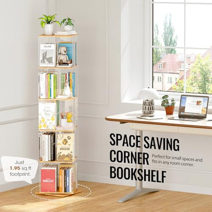 TAKEKIT 5-Tier Rotating Bookshelf, 360° Spinning Book Shelf Tower with Solid Wood & Clear Acrylic, Square Revolving Bookcase for Kids Room, Living Room, Bedroom and Office - color: Natural Square, size: 5-Tier