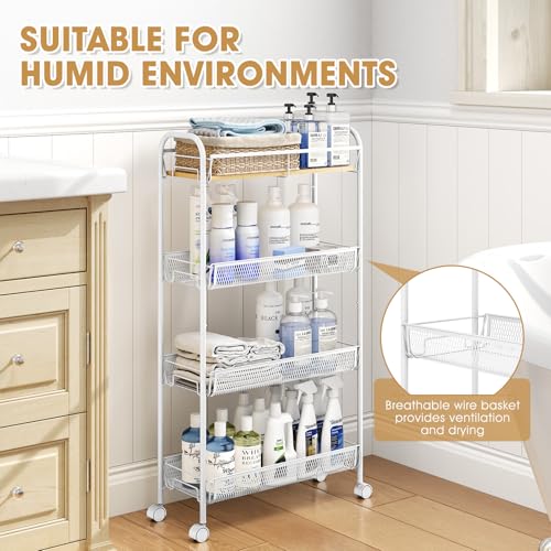 TOOLF 4-Tier Slim Rolling Cart, Metal Utility Cart, Slide Out Storage Cart with Wooden Tabletop and Mesh Baskets for Narrow Space on Kitchen Bathroom Laundry Room Bedroom Apartments Dormitory - size: Slim, style: White