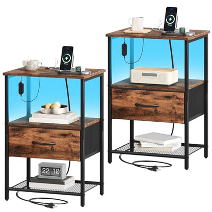 Somdot Nightstand Set of 2 with Charging Station & LED Light, Bedside Table | Dorm, Guest Room, Kids Room, Laundry, Closet, Entryway and Hallway, Brown - color: Brown, size: 11.8"D x 15.7"W x 23.4"H (1 Drawers)
