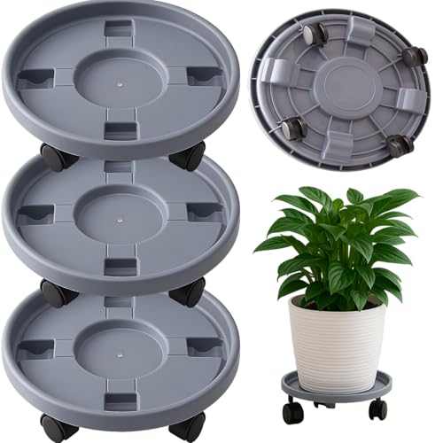 Rolling Plant Stand with Wheels 3 Pack 17.3 Inch Plant Caddy with Wheels Heavy Duty Plant Dolly Roller Base with Wheels Round Flower Pot Rack Holder Planter Trolley Tray, Grey - color: Grey, size: 17.3 inch