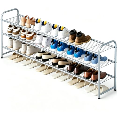 KEETDY 3-Tier Long Shoe Rack for Closet Metal Shoe Organizer for Entryway, Wide Stackable Shoe Storage Shelf with Sturdy Wire Grid for Closet Floor, Bedroom, Grey - color: Grey, size: 11.4x43x24.4