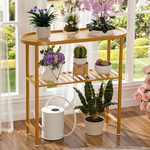 Small Entryway Table Bamboo, Narrow Hallway Table 2-tier, Slim Console Table with Anti-fall Edge, Sofa Side Table 5min Assembly, Small TV Stand, Plant Stand, Walnut, 30.7"L x 11.8"W x 29.7"H - color: Walnut, size: 30.7"L x 11.8"W x 29.7"H
