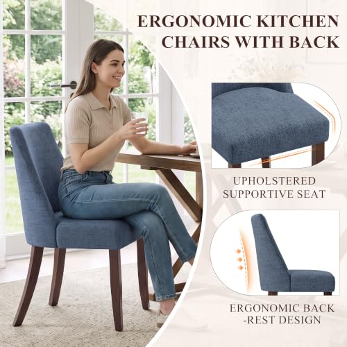 COLAMY Upholstered Dining Chairs Set of 4 with Wood Legs, Blue | Mid Century Kitchen Chairs with Back, Fabric Side Dining Room Chairs for Dining Room Restaurant - color: Blue, size: Set of 4