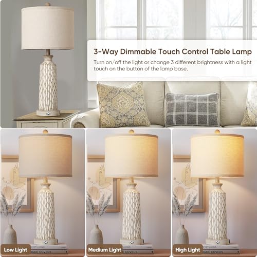 QiMH 26" Lamps for Bedroom with USB A+C Ports, Farmhouse Bedside Lamps Set of 2, Touch Control 3-Way Dimmable, Modern Off-White Resin Table Lamps for Living Room Foyer, Included 2700K LED Bulbs - color: Beige white