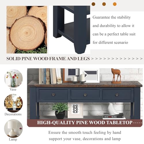 LKTART Solid Wood Console Table for Entryway;Sofa Table with Storage | 48.8 Inch Blue Real Wood Farmhouse Console Table with Drawers;Entry Way Table for Living Room,Foyer,Hallway;Easy Assembled - color: Blue
