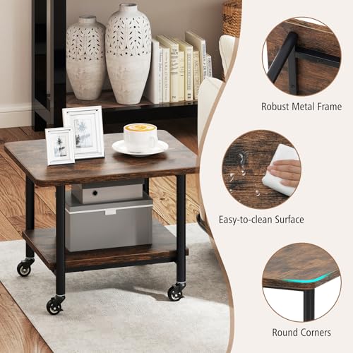 GOFLAME Under Desk Printer Stand, 2-Tier Industrial Mobile Printer Table with Storage Shelf, Metal Frame, Rolling Printer Cart Holder Storage Rack with Lockable Wheels for Home Office, Brown - color: Brown