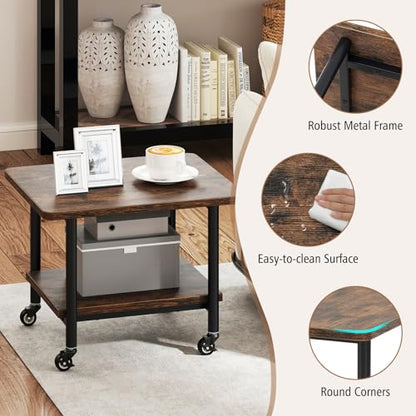 GOFLAME Under Desk Printer Stand, 2-Tier Industrial Mobile Printer Table with Storage Shelf, Metal Frame, Rolling Printer Cart Holder Storage Rack with Lockable Wheels for Home Office, Brown - color: Brown