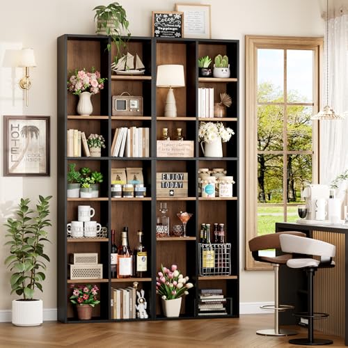 FOTOSOK 71'' Tall Bookshelf with 14 Cubes, 7 Tier Double Wide Wood Bookshelf with 6 Adjustable Shelves, 19.6" Narrow Bookcase DVD/CD Media Storage, Space Saving Display Shelf Cabinet, Black/Brown - color: Black/Brown