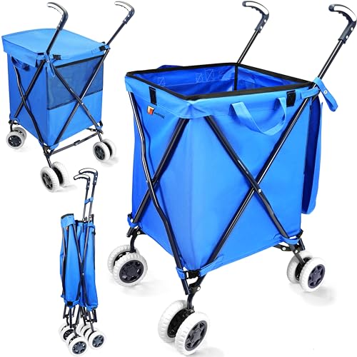 Wellmax Folding Shopping Cart with Canvas Bag & Cover, Holds 120 lb, Blue | 360 Swivel Wheels, Lightweight Foldable Utility Cart, 24 Gallon Capacity, for Groceries, Laundry & Seniors, Rolling Cart - color: Blue
