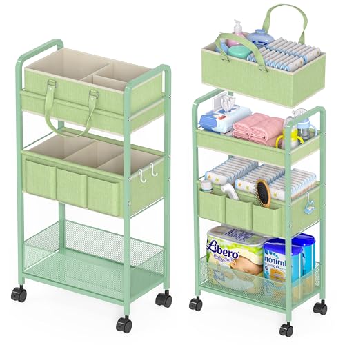 2in1 Baby Diaper Caddy Organizer Cart, 3-Tier Rolling Cart, Metal Diaper Caddy Carts, Bedside Carts for Nursery Essentials Storage, Detachable Dividers, Large Capacity, Green - color: Green, size: 3-Tier