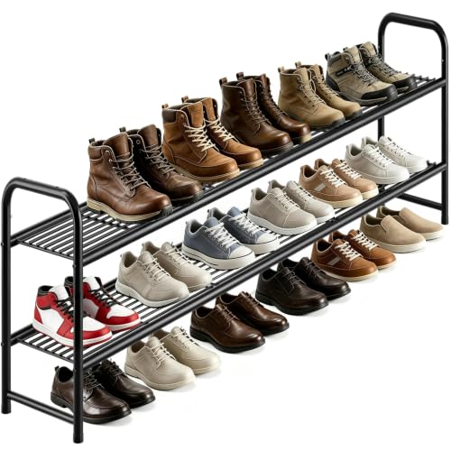 AOODA Long 2 Tier Shoe Rack for Closet Metal Wide Stackable Shoe Storage Organizer for Entryway, Bedroom, Floor, 18-Pairs Low Shoe Shelf, Black - color: Black, size: 11.4 x 42.7 x 18.7