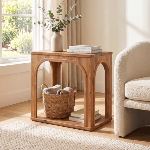 Tribesigns Arched Side Table, 2-Tier Farmhouse Solid Wood End Table with Bottom Shelf, Wooden Night Stand for Living Room, Bedroom, Rustic Brown