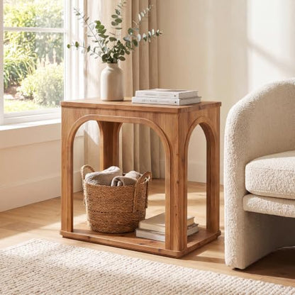 Tribesigns Arched Side Table, 2-Tier Farmhouse Solid Wood End Table with Bottom Shelf, Wooden Night Stand for Living Room, Bedroom, Rustic Brown