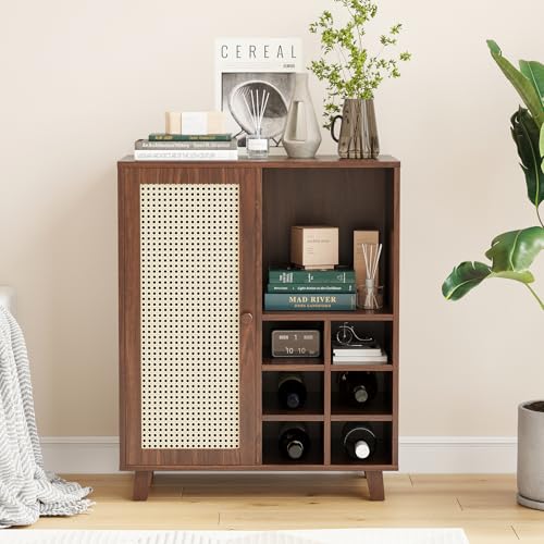 Farini Side Buffet Cabinet with Rattan Doors,Kitchen Sideboard with 2 Racks Coffee Bar Storage Console Table,Walnut,27.6 inch - color: Walnut, size: 27.6 inch-Racks