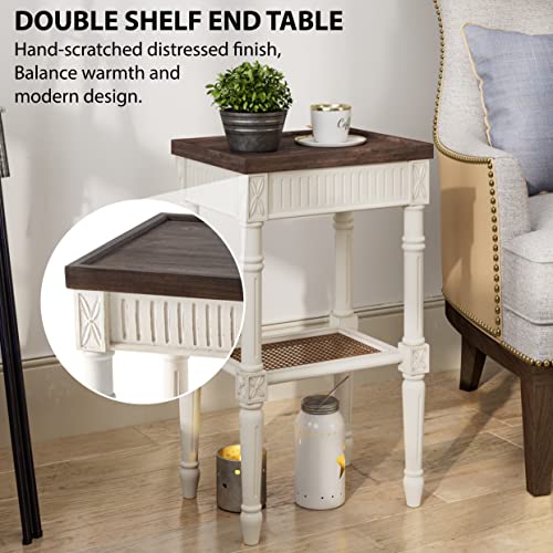 COZAYH End Table 2-Pack - French Country Tray Top - Rustic White | Engineered Wood, 17 x 13 x 28.25 in, 35 lb Capacity, Wicker Pattern Shelf, Distressed Finish, Indoor Use - color: White, size: 2-Pack