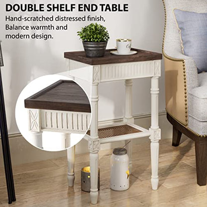 COZAYH End Table 2-Pack - French Country Tray Top - Rustic White | Engineered Wood, 17 x 13 x 28.25 in, 35 lb Capacity, Wicker Pattern Shelf, Distressed Finish, Indoor Use - color: White, size: 2-Pack