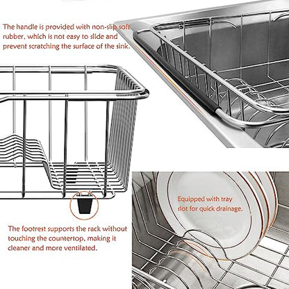 NiuYichee Stainless Steel Dish Drying Rack(15"L X 12.6"W X 4.7"H), Expandable Fruit & Vegetable Drain Rack over Sink, Dish Drainer Rack in Sink, with Stainless Steel Utensil Holder & Silicone Mat(16") - size: X-Large【15" X 12.6"】