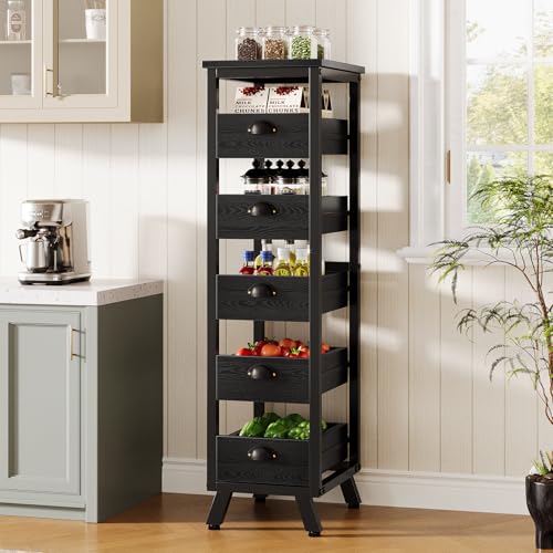 Tribesigns Black Wood Fruit and Vegetable Storage Rack, 5-Tier Narrow Snack Stand Kitchen Stand Fruit Basket, Pull-Out Utility Organizer for Kitchen, Living Room - color: Black