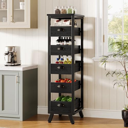 Tribesigns Black Wood Fruit and Vegetable Storage Rack, 5-Tier Narrow Snack Stand Kitchen Stand Fruit Basket, Pull-Out Utility Organizer for Kitchen, Living Room - color: Black