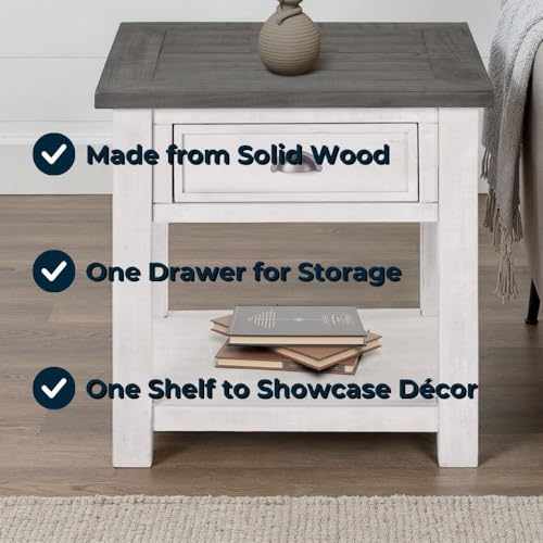 Martin Svensson Home Monterey Solid Wood End Table White with Grey Top | Farmhouse Rustic, Coastal Side Table, Drawer and Storage Shelf - color: White and Grey