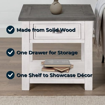 Martin Svensson Home Monterey Solid Wood End Table White with Grey Top | Farmhouse Rustic, Coastal Side Table, Drawer and Storage Shelf - color: White and Grey