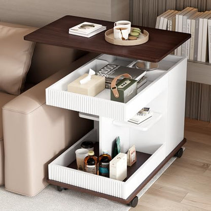 Merax Adjustable End Table with Wheels, Modern Multifunctional Sofa Side Table with Lift-Top, 360°Rotating Top and Storage Space for Living Room, Small Space, Brown+White - color: Brown+white