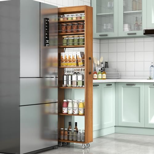 KEIKI 7 Tier Pull-Out Kitchen Pantry Storage Cabinet, Multi-Tier Single-Sided Open Shelf, Spice Rack Next to Fridge, Wood Hutch Food Pantries Cupboard for Coffee Bar, Dining Room, Narrow Spaces - color: Oak