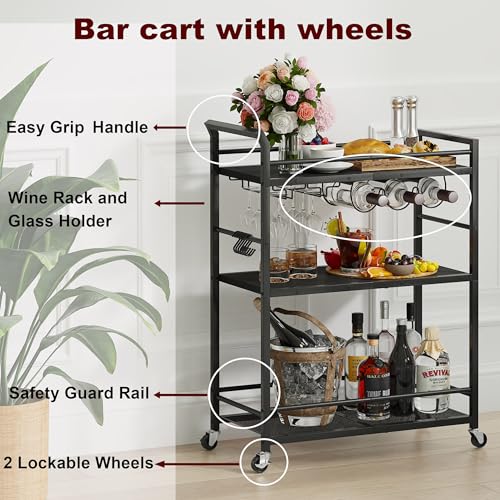 3 Tier Bar Cart, Small Beverage Cart, Mini Bar Cart with Wine Rack, Home Bar Serving Cart with Wheels for Kitchen Dining Living Room (Black, General) GBC507B - color: Black, size: General
