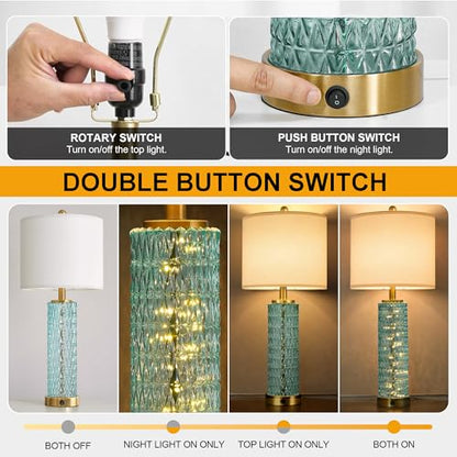 Oneach 27.75" Coastal Table Lamps Set of 2, Clear Blue Bedside Lamp with Glass Nightlight, USB A+C, Unique Desk Lamps for Living Room, Bedroom, Nightstand, End Table (2 Bulbs Included) - color: Clear Blue - White Shade