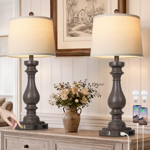 29" Tall Farmhouse Table Lamp for Living Room Set of 2,Vintage Retro Nightstand Lamps with USB C+A Ports & AC Outlet,3-Way Dimmable Touch Bedside Lamp for Bedroom End Table,Earthy Tone - color: Earthy Tone