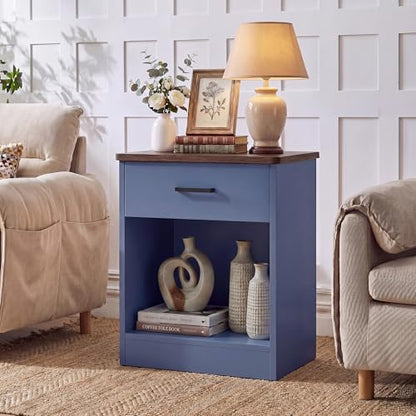 Keyluv Nightstand with Drawer and Open Shelf, Bedside Table for Bedroom, Modern Style Sofa Side Table with Storage, End Table for Home Office, Hallway, Small Spaces, Blue