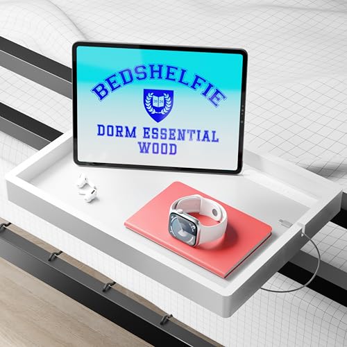 BedShelfie Wood Bedside Shelf for Dorm Room - White | Bunk Bed & Top Bunk, College Dorm Room Essentials, Loft Nightstand, Floating Bed Side Table Tray, By Smallish - color: White