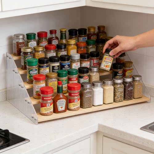 Tiered Spice Rack Organizer for Countertop & Cabinet, 5-Tier 19.9in Kitchen Seasoning Storage Shelf, Space Saving Standing Spice Organizer, Wooden & Acrylic, Solid Wood - color: Natural Wood, size: 5-Tier 19.9in