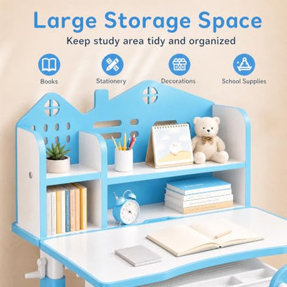 Kids Desk and Chair Set, Height Adjustable Child's School Study Writing Tables, Kids Desk with Bookstand and Storage Drawer, Widened Desktop with Desktop for Boys and Girls (Blue-A-MAX) - color: Blue-a-max