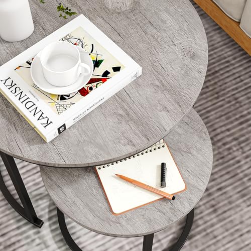 HOJINLINERO Round Coffee Table,Nesting Coffee Table Set of 2,Center Tables for Living Room,Office, Home Small Space,Small Table Stacking Side Tables,Sturdy and Easy Assembly,Wood Desktop,Black+Grey - color: Grey, size: Small
