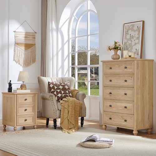RWYHG 18" Night Stand with Charger Station, Nightstand with 3 Drawers | Farmhouse Modern Bedside Table, Metal Handle, Roman Column Legs, Natural Bed Side End Tables for Bedroom Living Room - color: Natural, size: 18"D x 18"W x 24"H (3 Drawers)