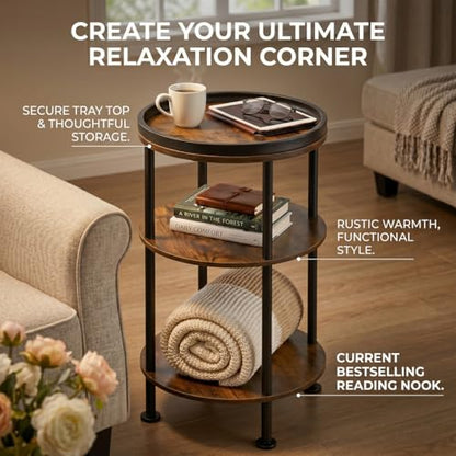 Small Round Side Table with Tray Top, Rustic Brown | Patented Design, 11.8" Narrow End Table for Small Spaces, 3-Tier Industrial Accent Table for Living Room Bedroom Nightstand - color: Rustic Brown, style: Classic