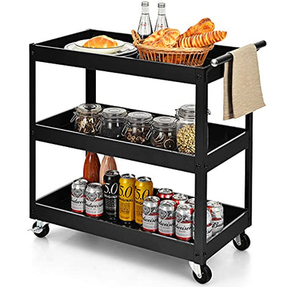 3 Tier Rolling Cart, Utility Cart on Wheels with 330lbs Load Capacity & Ergonomic Handle, Tool Cart Organizer Service Carts for Garage, Office, Library, Workshop (Black) - size: 2.5" Wheels