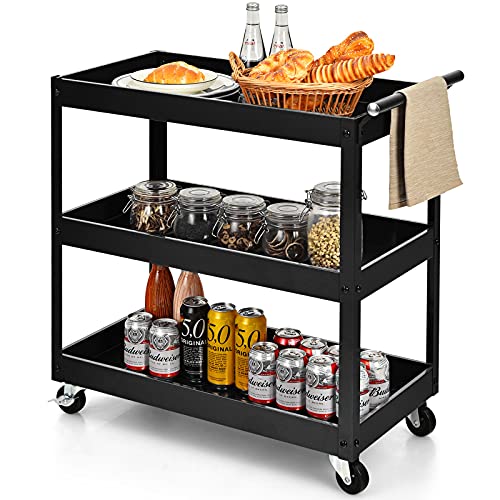 3 Tier Rolling Cart, Utility Cart on Wheels with 330lbs Load Capacity & Ergonomic Handle, Tool Cart Organizer Service Carts for Garage, Office, Library, Workshop (Black) - size: 2.5" Wheels