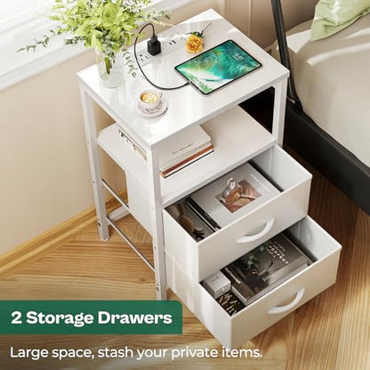 Huuger Nightstand with Charging Station, Side Table with 2 Fabric Drawers, End Table with Open Shelf, Bedside Table with USB-C Port and Outlets, Night Stand, PU Leather, White - color: White, size: 11.8"d X 15.7"w X 23.6"h (2 Drawers)