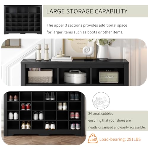 Harper & Bright Designs Sleek Design 24 Shoe Cubby Console, Modern Shoe Cabinet with Curved Base, Versatile Sideboard for Hallway, Bedroom, Living Room, Black - color: Black, size: 35''