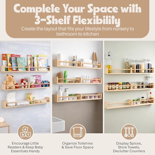 Nursery Book Shelves for Wall – Set of 3 Wooden Wall-Mounted Shelves, Premium Pine Wood, Rounded Edges, Nursery Bookshelf for Kids Room Decor, 31.5" x 3.9" x 3.7"