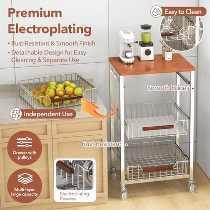 4-Tier Slim Rolling Fruit & Vegetable Storage Cart with Removable Baskets, Narrow Metal Kitchen Organizer Cart on Wheels, Fruit Basket Stand & Fruteros para Cocina, Pantry Cart for Storage - size: 4-Tier Slim