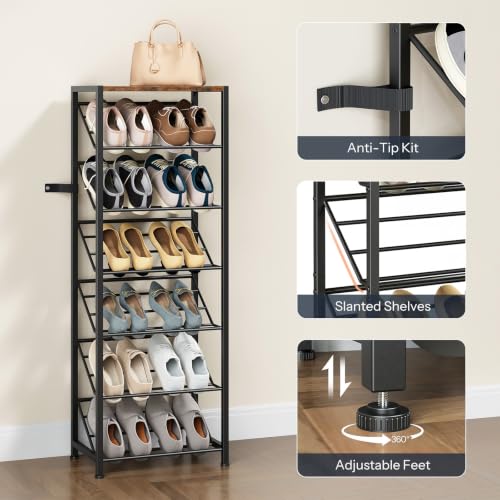 HOOBRO Narrow Shoe Rack for Small Spaces, Slanted Shoe Organizer for Entryway, Slim Angled Shoe Storage Rack for Closet, Space Saving 7 Tier Shoe Shelf Holds 6-12 Pairs, Rustic Brown BF72XJ01 - size: 7 Tier ( 45.9"H)