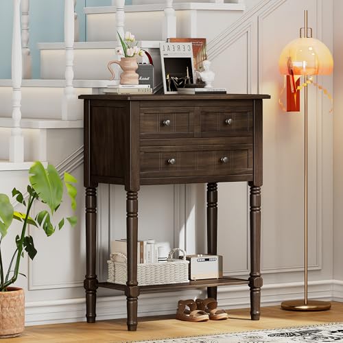 Knocbel Slim Antique Entry Console Table with 3 Drawers & Bottom Open Shelf, Solid Wood Narrow Small Sofa Table for Entryway Hallway Living Room 23.7" W x 13" D x 31.4" H Brown - color: Brown