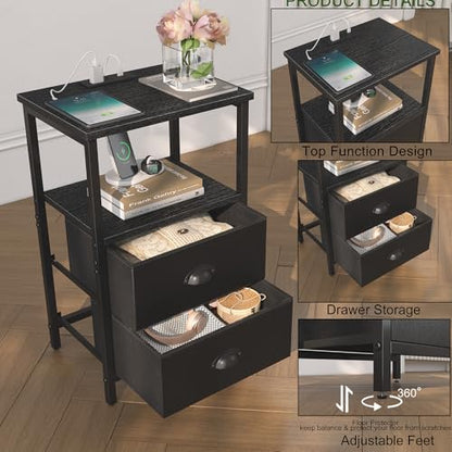 sthmec Nightstand with Charging Station, LED Night Stand Set 2, Bedside Table End Table Set of 2, Bedroom Table with 2 Fabric Drawers PU Finish, 3-Tier Storage Side Table for Bedroom,Black - color: Black