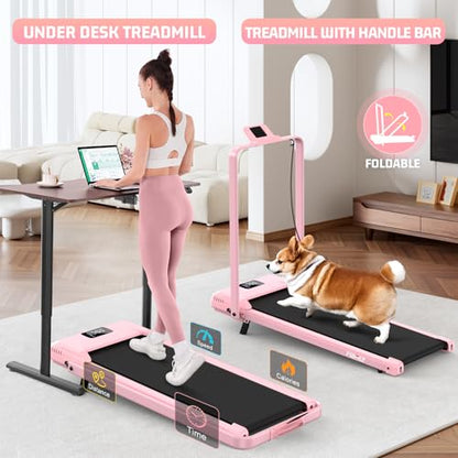 FUNMILY Upgrade Walking Pad Folding Treadmill with 12%/15% Incline & Handle Bar, 3.5HP Foldable Under Desk Compact Treadmills for Home/Office/Gym, 400+lb Capacity, Shock Absorption - color: Misty Lavender Pink
