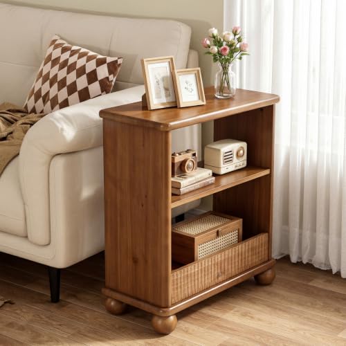 Solid Wood Side Table, 3-Tier Narrow End Table, Nightstands with Shelf Storage for Living Room, Bedroom, Office and Small Spaces, Easy Assembly, Rustic Brown